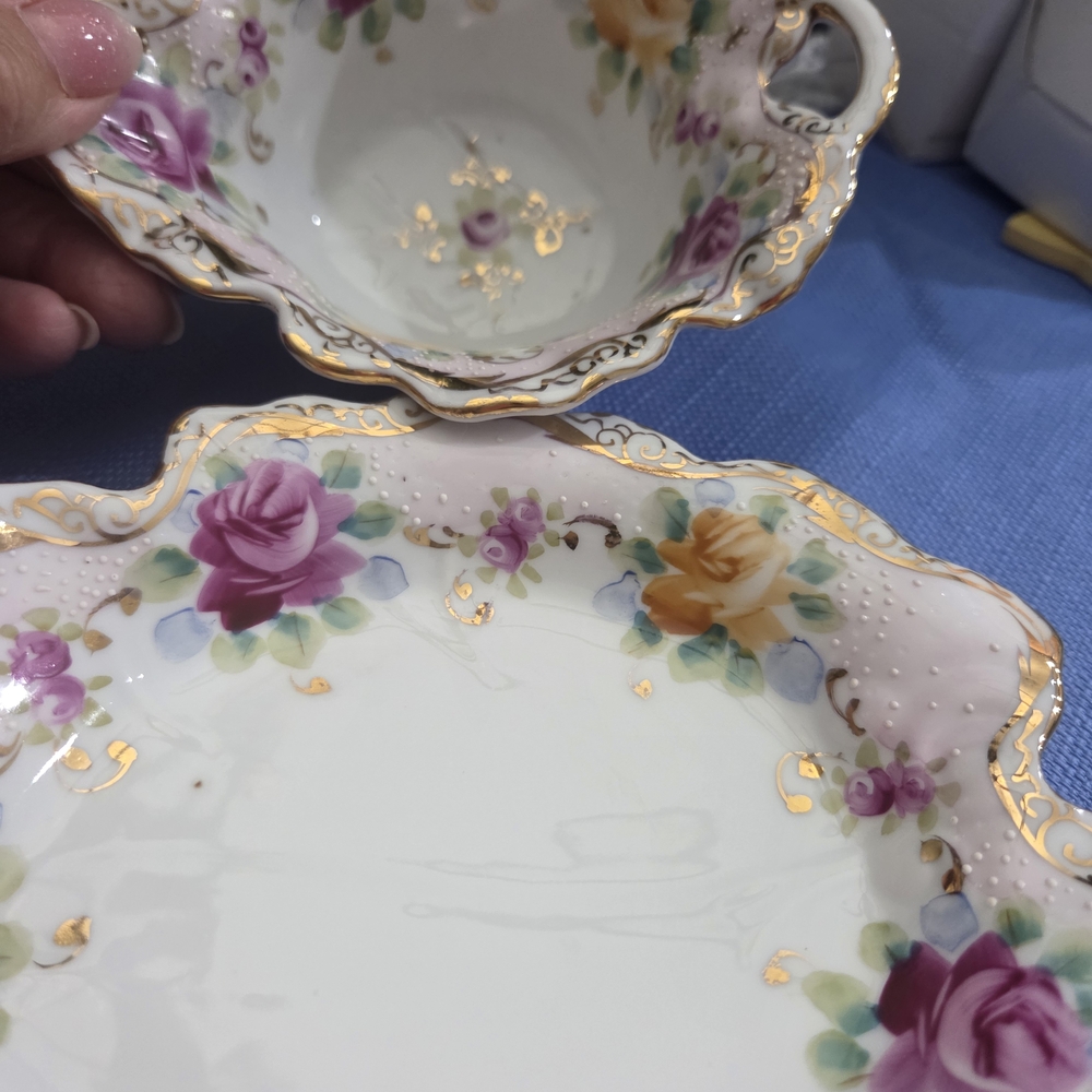 Antique Floral Boat And Dish Trimmed In Gold - Picture 4 of 7